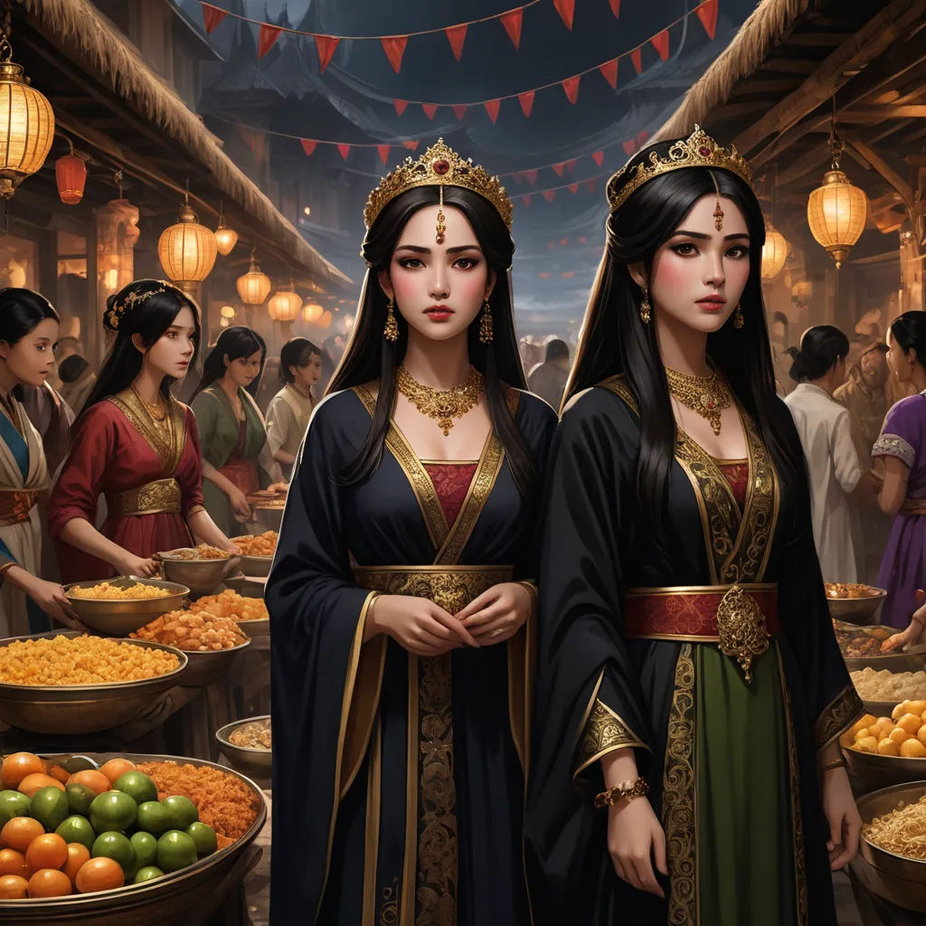 two women in oriental dress standing in front of a market filled with oranges and other fruits and vegetables, fantasy art, a detailed painting, Chen Lin, highly detailed digital painting