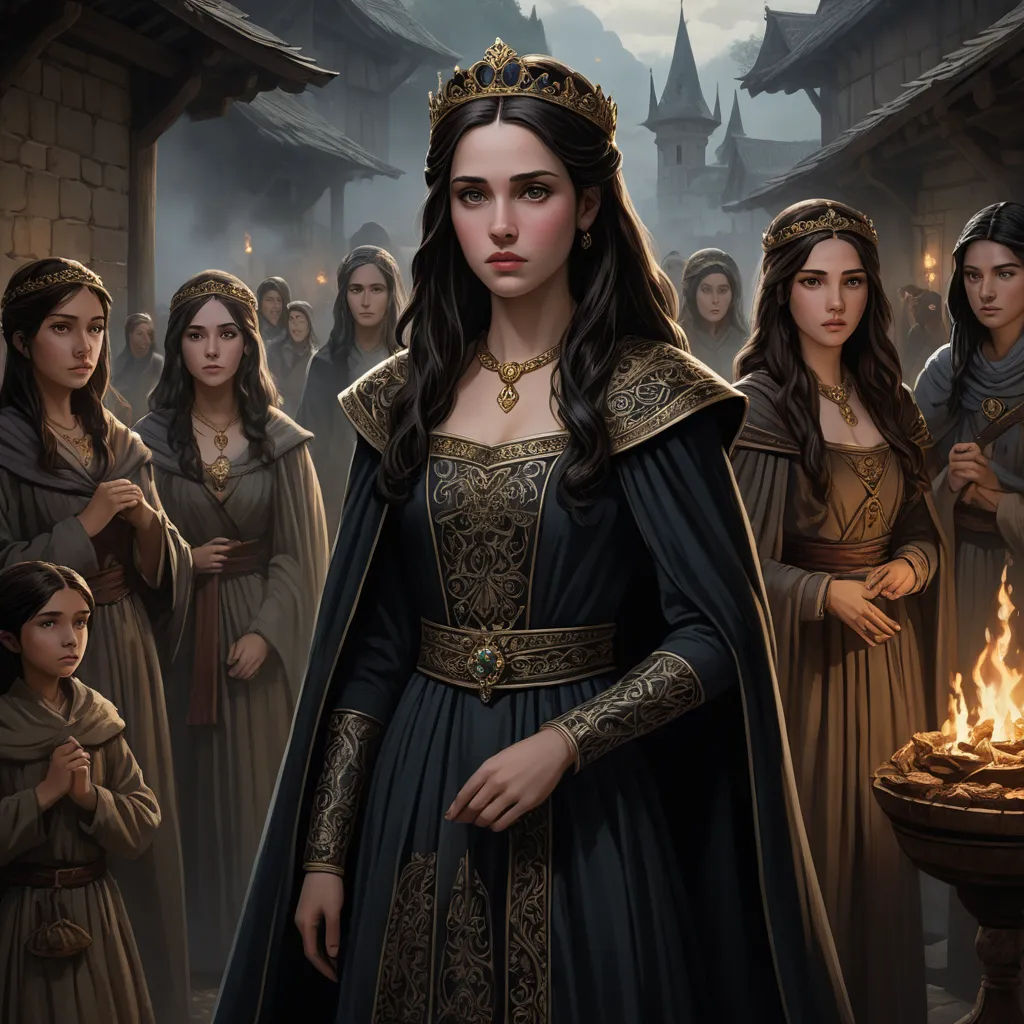 a painting of a woman in a medieval dress surrounded by other women in medieval dress and holding torches in her hands, fantasy art, a detailed painting, Donato Giancola, official art
