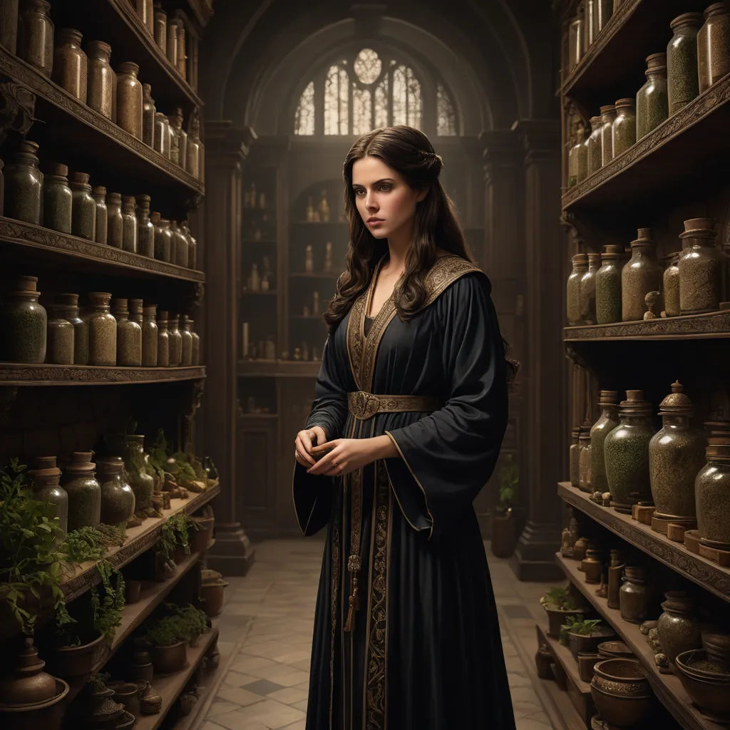 a woman in a medieval dress standing in a room full of jars and jars on shelves with plants and plants, gothic art, a detailed matte painting, Christabel Dennison, promotional image