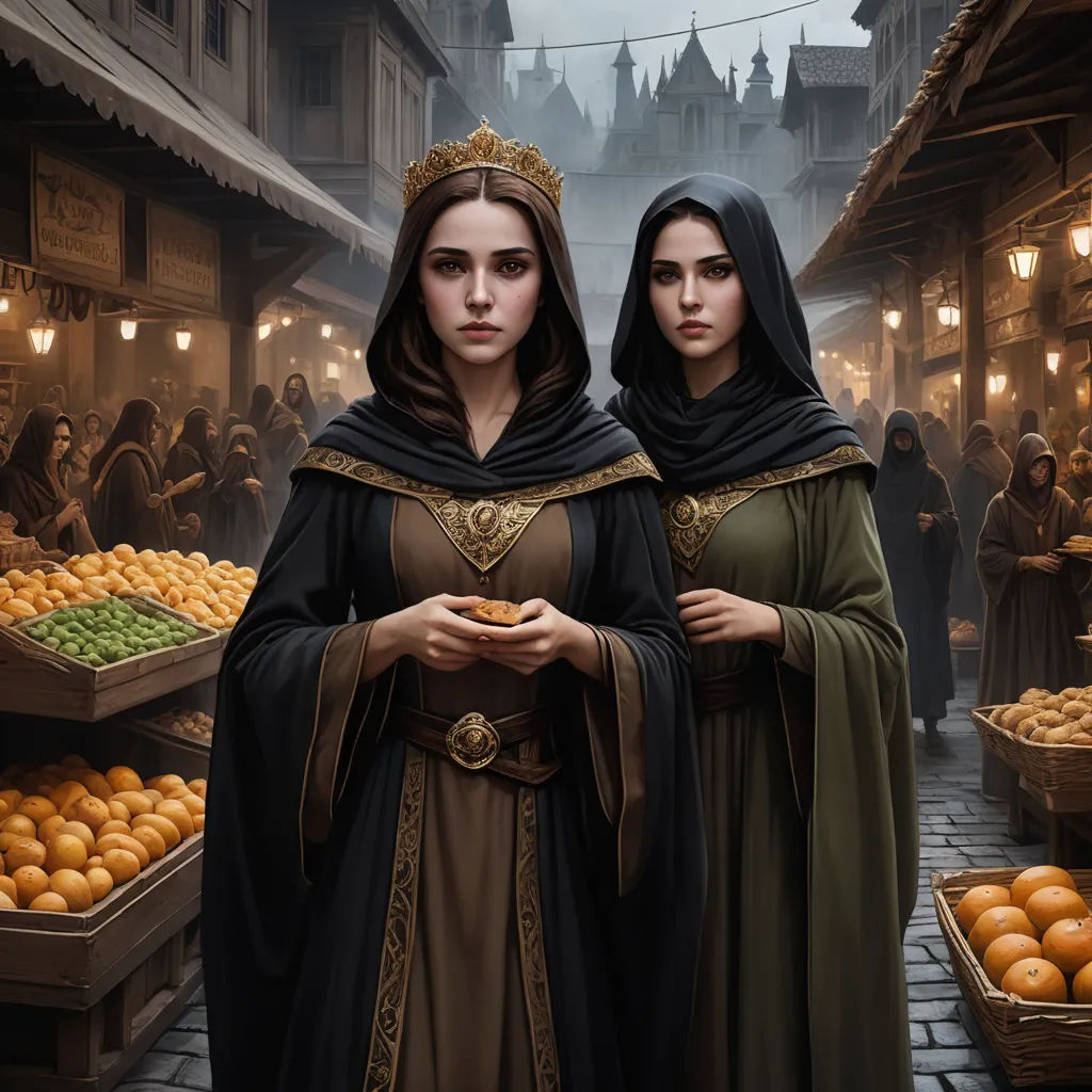 two women in medieval dress standing in a market with oranges in the background and a castle in the background, fantasy art, a detailed painting, Clint Cearley, medieval