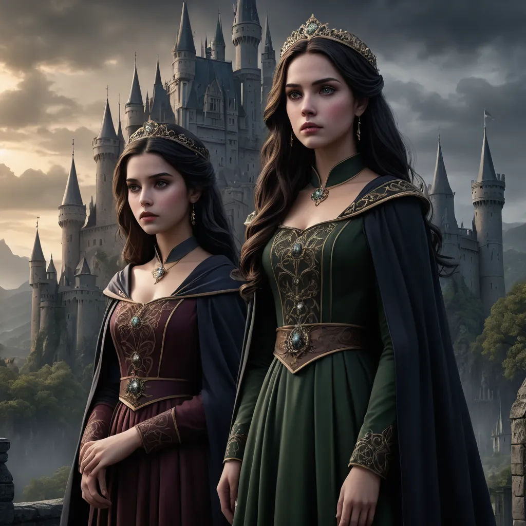 a couple of women standing next to each other in front of a castle with a castle in the background, gothic art, a detailed matte painting, Dirk Crabeth, key art