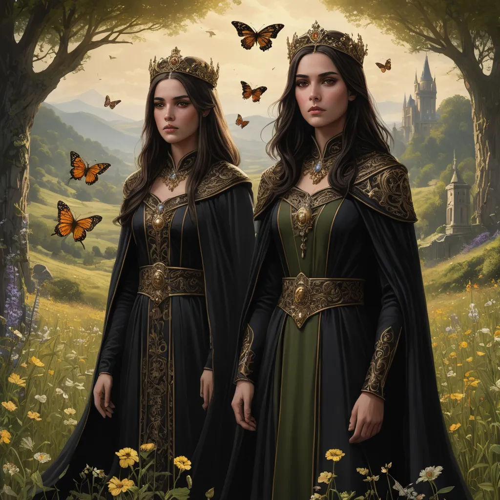 two women in black dresses standing in a field with butterflies flying around them and a castle in the background, fantasy art, a storybook illustration, Dirk Crabeth, fantasy artwork