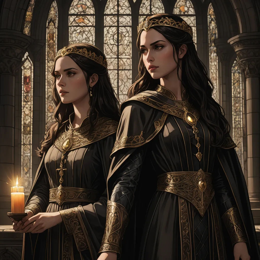 two women dressed in medieval clothing holding a candle in front of a stained glass window with stained glass windows, gothic art, a detailed painting, Charlie Bowater, mars ravelo and greg rutkowski