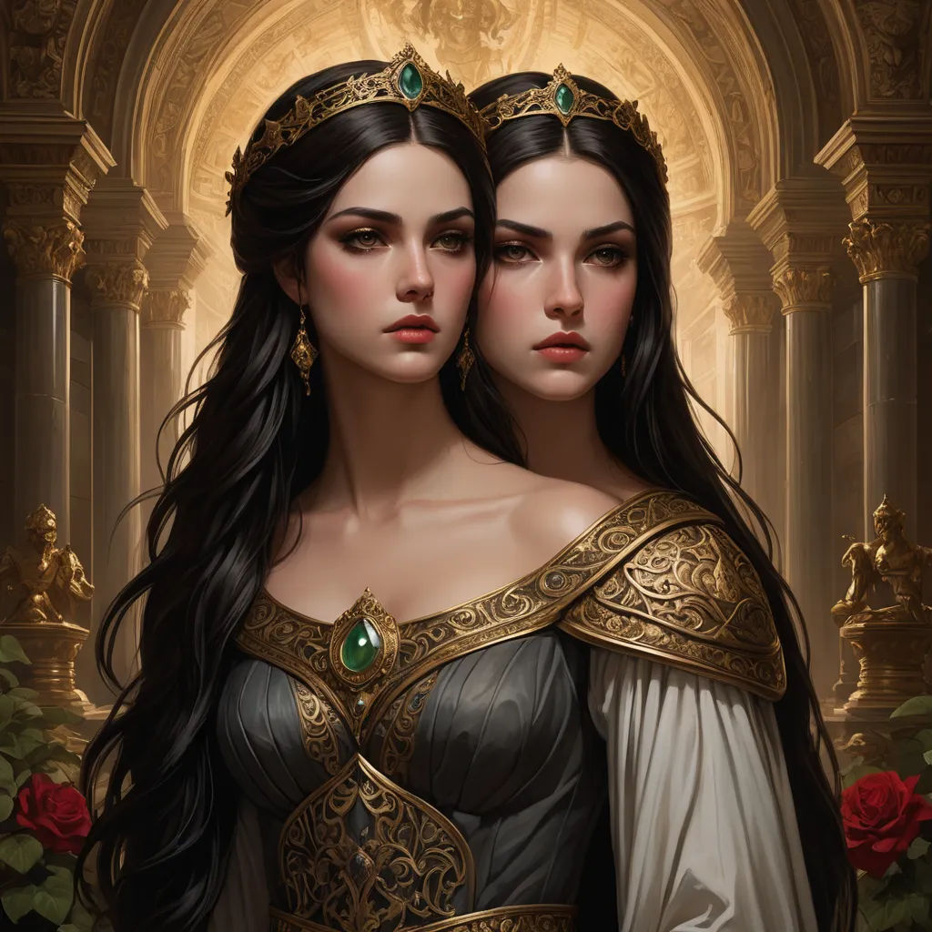 two women dressed in medieval clothing with long hair and green jewels, one wearing a tiara and the other wearing a gold and silver dress, fantasy art, a detailed painting, Charlie Bowater, detailed painting