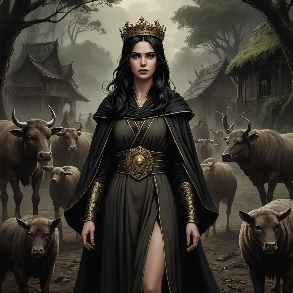 a woman in a black dress and a crown standing in front of a herd of cows in a forest, fantasy art, concept art, Dirk Crabeth, magic the gathering artwork