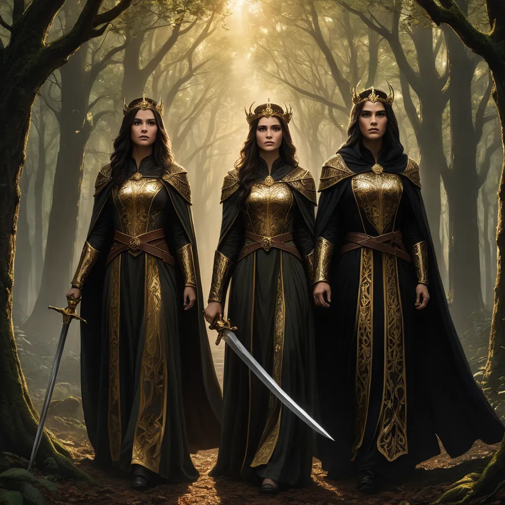 two women in medieval costumes standing in a forest with a sword in their hands and a sun shining through the trees, antipodeans, poster art, Dirk Crabeth, elden ring