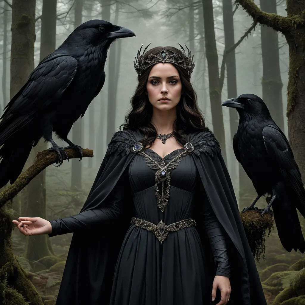 a woman in a black dress and two crows on her shoulder in a forest with trees and mossy ground, gothic art, poster art, Evaline Ness, promotional image