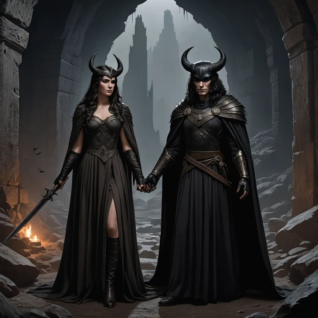 two women dressed in black holding hands in a cave with a fire in the background and a man in a horned costume, fantasy art, concept art, Clint Cearley, mars ravelo and greg rutkowski