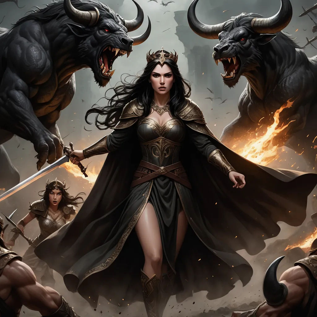 a woman in a costume with two horned bulls on her head and a sword in her hand, standing in front of a demon, fantasy art, concept art, Art of Brom, epic fantasy character art