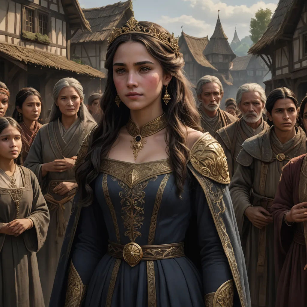 a woman in a blue dress standing in front of a group of people in medieval dress and a crown, fantasy art, a detailed matte painting, Donato Giancola, official art