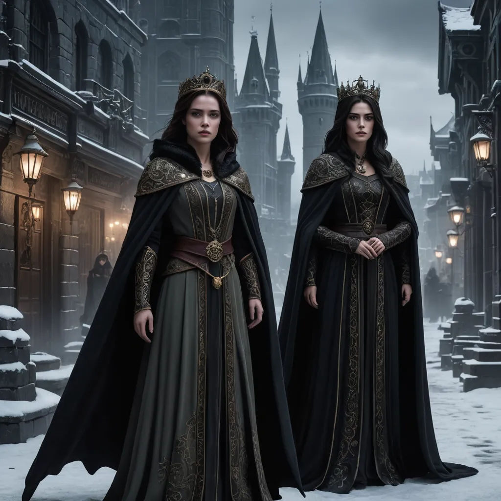 two women in medieval dress standing in front of a castle in the snow with a lantern on the ground, gothic art, a detailed matte painting, Dirk Crabeth, key art