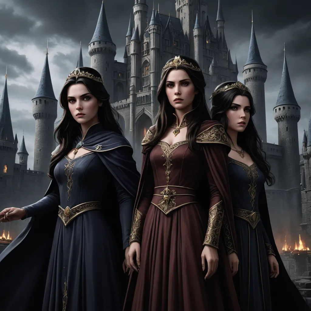 three women in medieval dress standing in front of a castle with a dark sky behind them and a dark sky behind them, gothic art, a detailed matte painting, Dirk Crabeth, key art