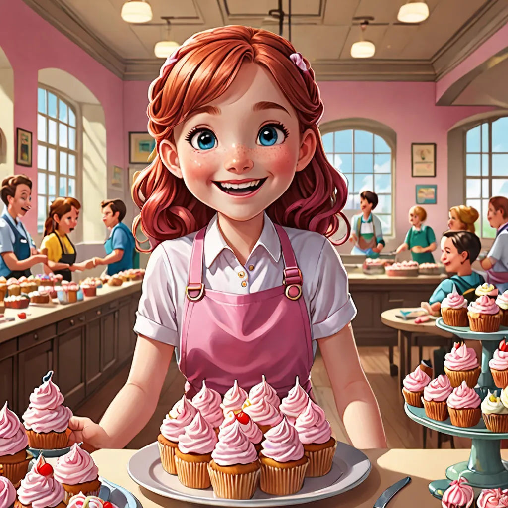 a girl holding a plate of cupcakes in a bakery with other people in the background and a cake on a table, american scene painting, a stock photo, Chris LaBrooy, promotional image