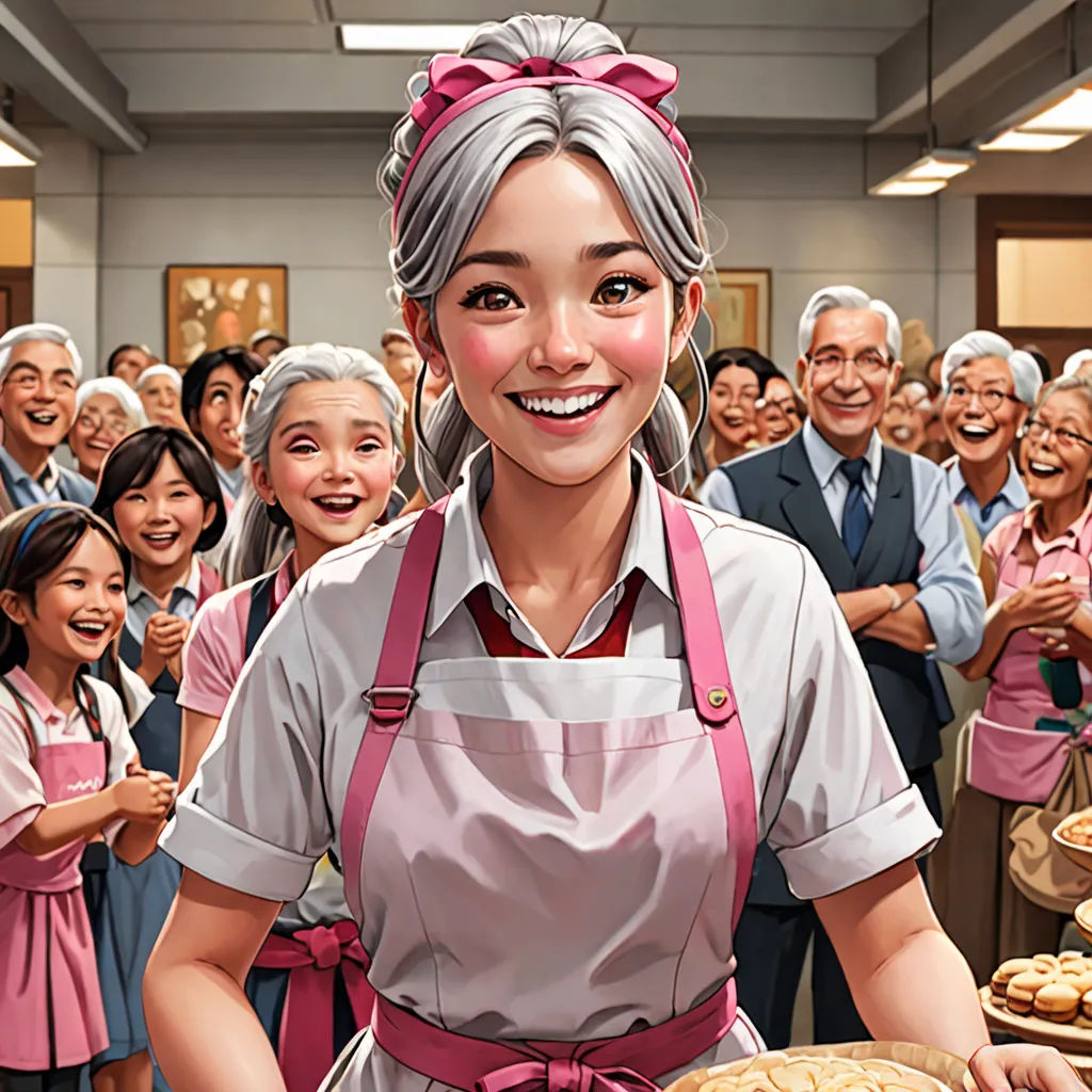 a woman in an apron holding a tray of food in front of a crowd of people in a room, american realism, a stock photo, Bourgeois, official art