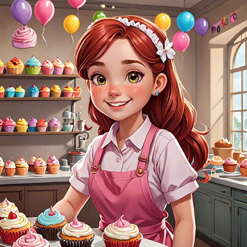 a girl in a pink apron is holding a cupcake in front of a table with cupcakes, american scene painting, a character portrait, Clarice Beckett, official art