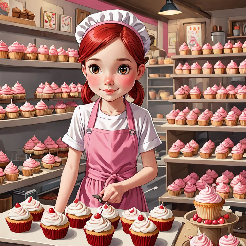 a girl in a pink apron is standing in front of a table with cupcakes on it and a shelf full of cupcakes, fantasy art, a storybook illustration, Clarice Beckett, highly detailed digital painting