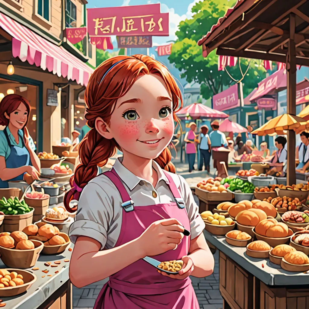 a girl is standing in front of a market selling food and vegetables and smiling at the camera, with a man in the background, fantastic realism, a storybook illustration, Chen Hong, kinkade
