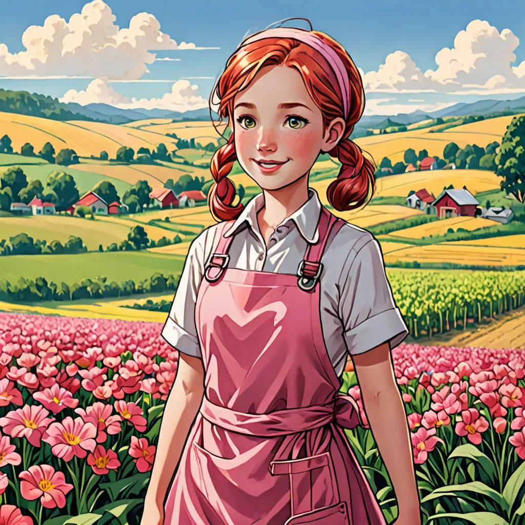 a painting of a girl in a pink apron standing in a field of flowers with a farm in the background, precisionism, a character portrait, Anne Said, comic cover art