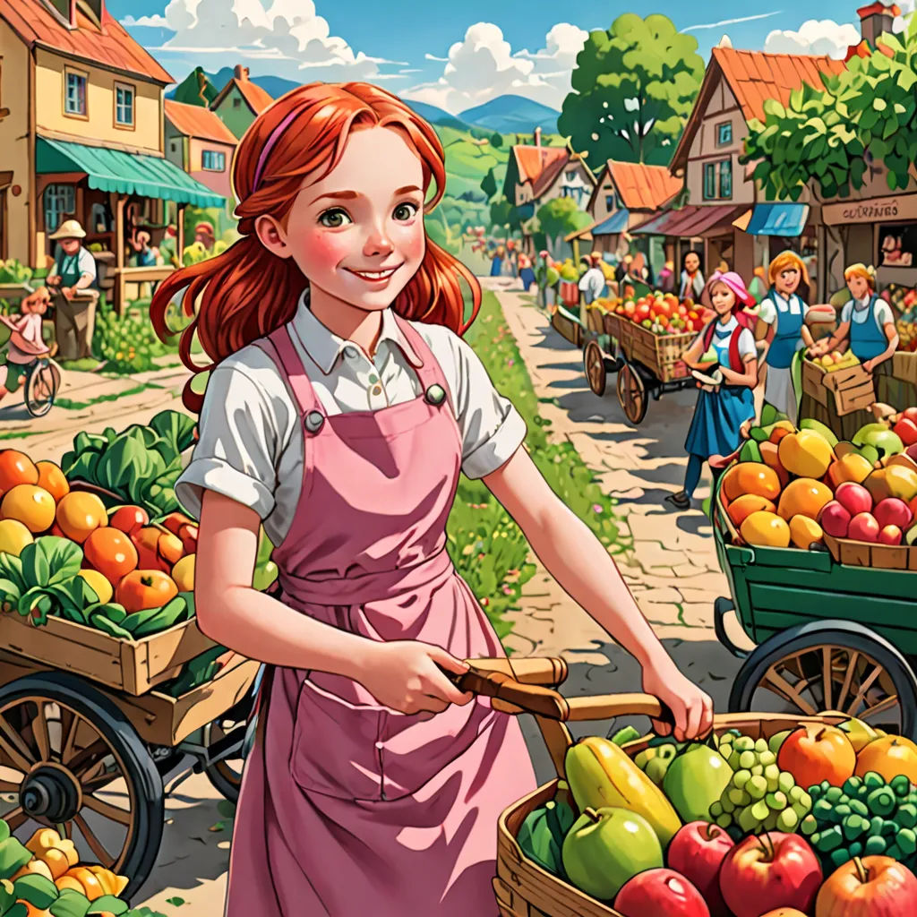 a woman in an apron is holding a basket of fruit and vegetables in a village street scene with a cart of fruit and vegetables, socialist realism, a storybook illustration, Bob Byerley, detailed illustration