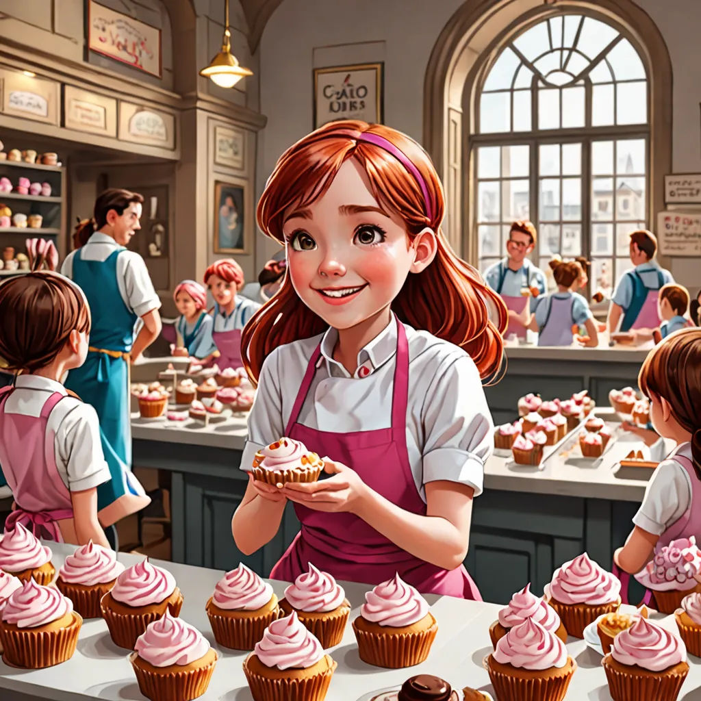 a cartoon of a girl holding a cupcake in front of a table of cupcakes with other children, american scene painting, a storybook illustration, Alejandro Burdisio, official art