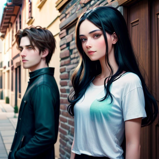 a couple of people standing next to each other on a street near a building and a door with a brick wall