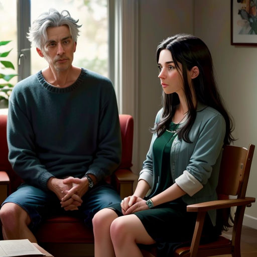 a woman sitting next to a man in a chair in a room with a plant in the corner of the room