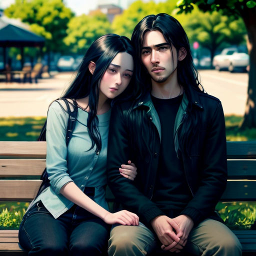 a man and a woman sitting on a bench together in a park area with trees and grass in the background