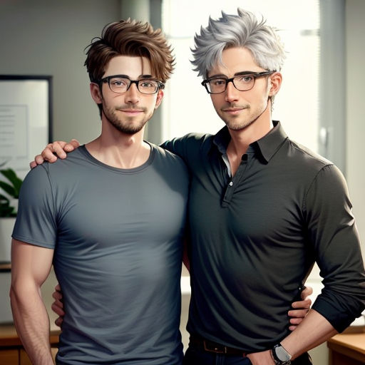 two men standing next to each other in an office setting with a plant in the background and a computer desk in the foreground