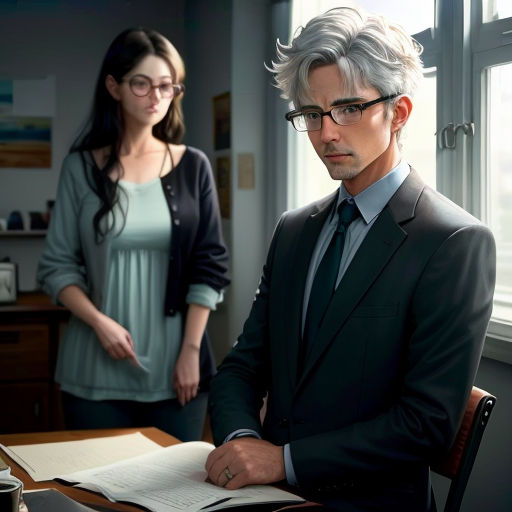 a man in a suit and tie sitting at a desk with a woman in the background looking at a book
