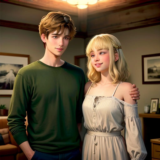 a young man and woman standing next to each other in a living room with a painting of a woman
