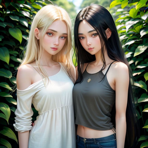 two young women standing next to each other near a bush of leaves and bushes, both wearing tops with shoulder straps