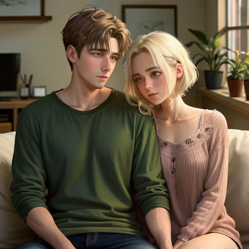 a man and a woman sitting on a couch together, looking at the camera, with a plant in the background
