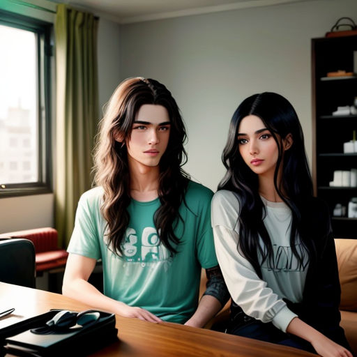 two people sitting at a table with a phone and a remote control in front of them, one of them is looking at the camera