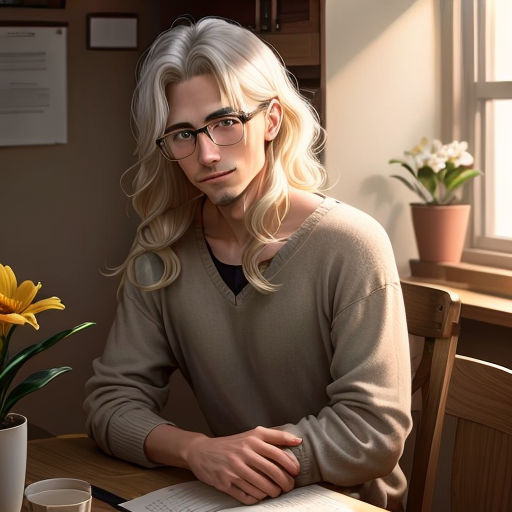 a man with glasses sitting at a table with a book and a cup of coffee in front of him