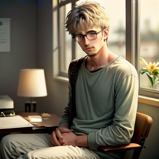 a man sitting in a chair next to a window with a laptop computer on it and a lamp on the side