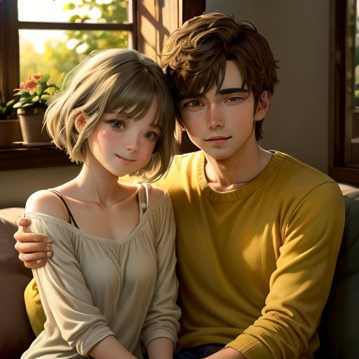 a couple of people sitting on a couch next to each other in front of a window with potted plants