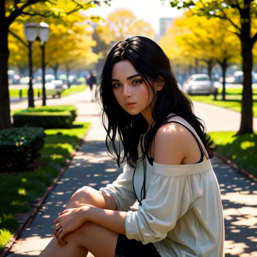 a woman sitting on a bench in a park with her legs crossed and her hands crossed, looking at the camera