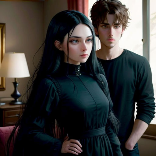 a man and a woman standing next to each other in a room with a window and a lamp on the side