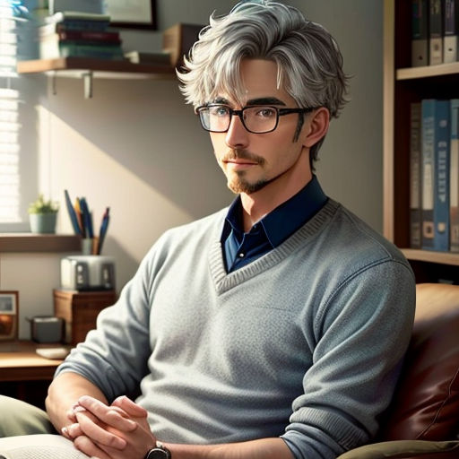 a man with glasses sitting in a chair in front of a book shelf and a window with books on it