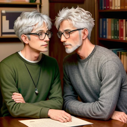 two people sitting at a table with a book in front of them and a bookcase behind them with books