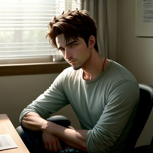 a man sitting at a desk with a laptop computer in front of him and a window behind him with blinds