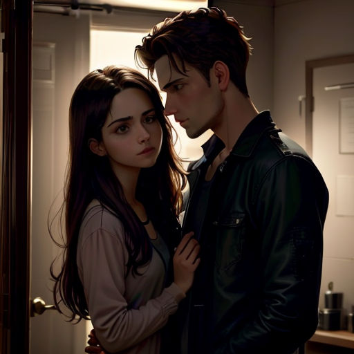 a man and a woman standing next to each other in a room with a door open and a light on