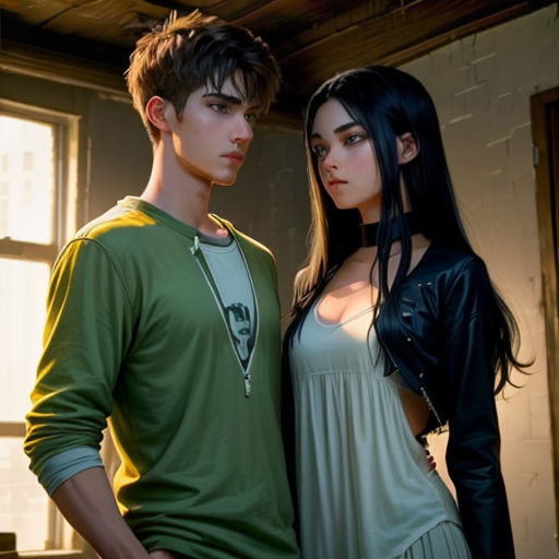 a man and a woman standing next to each other in a room with a window and a door in the background