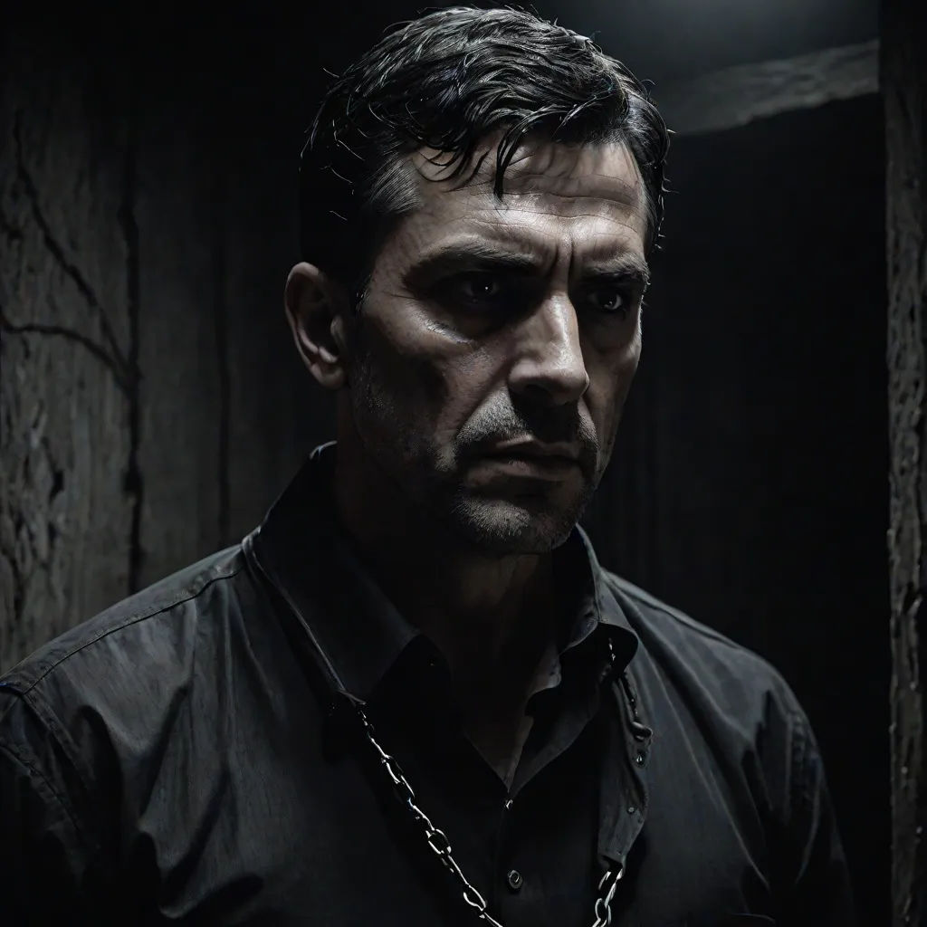 a man in a black shirt is staring at the camera with a chain around his neck and a light on his face, aestheticism, a character portrait, Eddie Mendoza, promotional image
