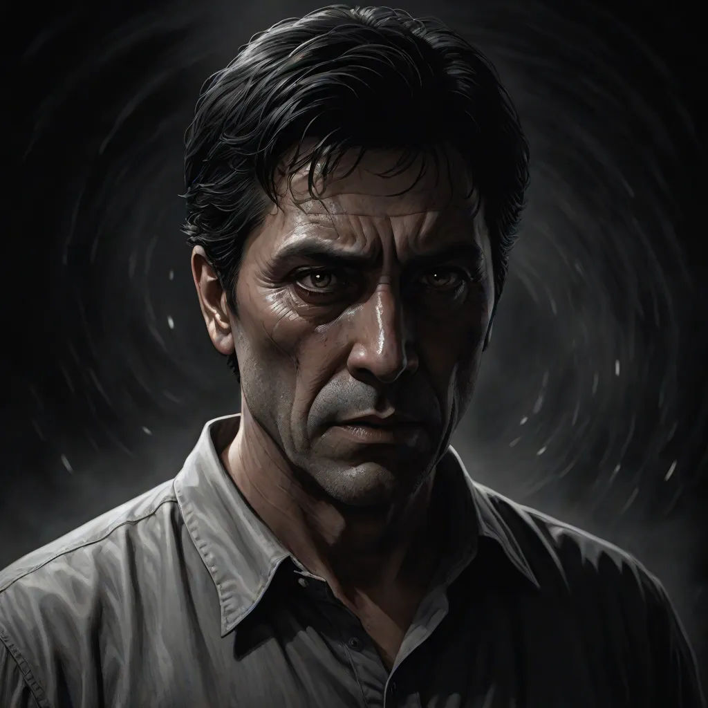 a man with a concerned look on his face in a dark room with a black background and a spiral of light, photorealism, a character portrait, David Palumbo, character portrait
