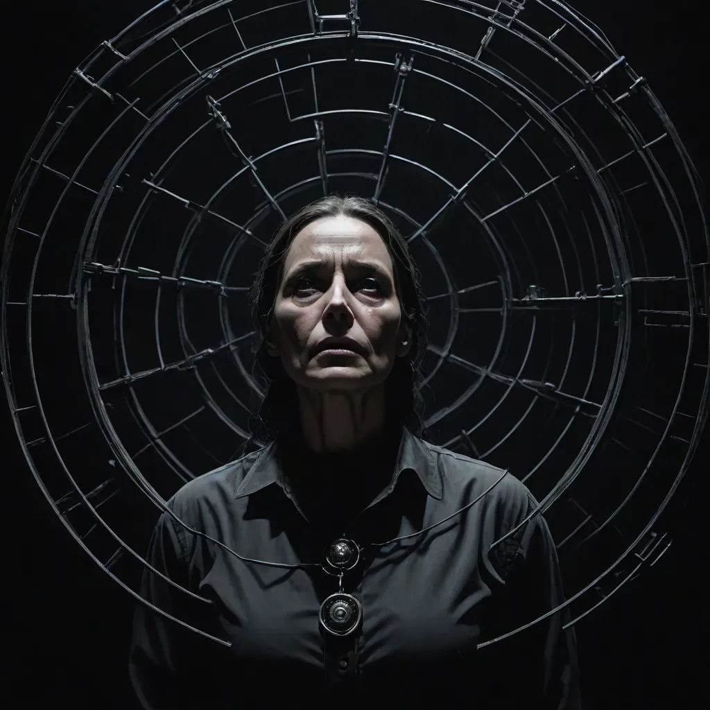 a woman standing in front of a circular object with a face on it's face and a black background, context art, a character portrait, Clarice Beckett, promotional image