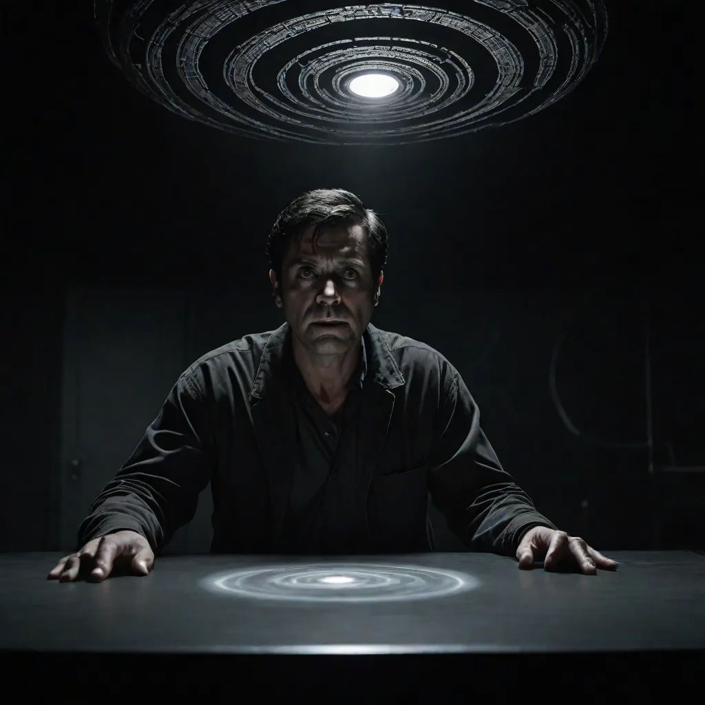 a man sitting at a table in a dark room with a light on his head and a spiral of circles above him, symbolism, a hologram, Dan Scott, promotional image