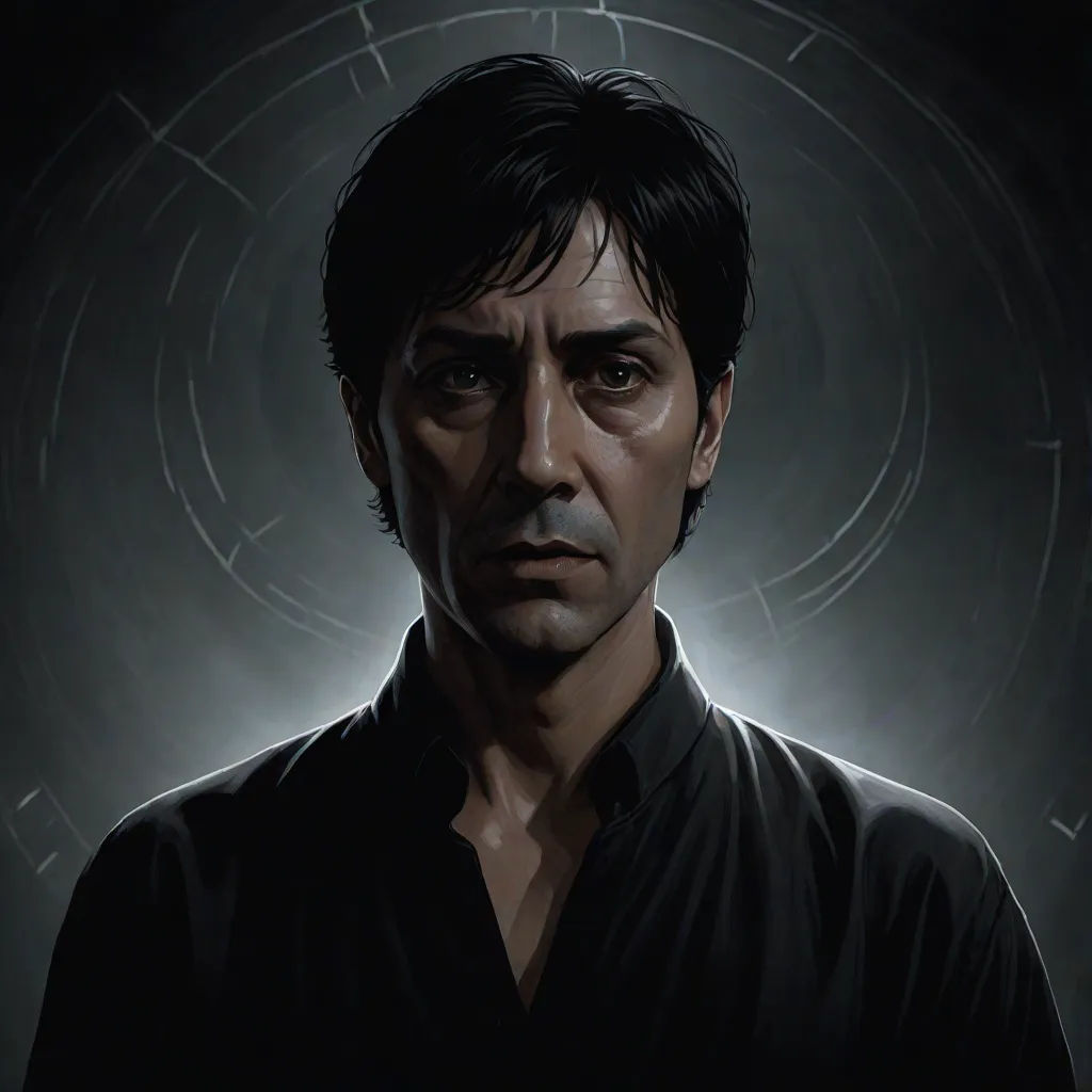 a man with a black shirt and a black shirt on is staring at something in the distance with a circular background, digital art, a character portrait, David Palumbo, character portrait