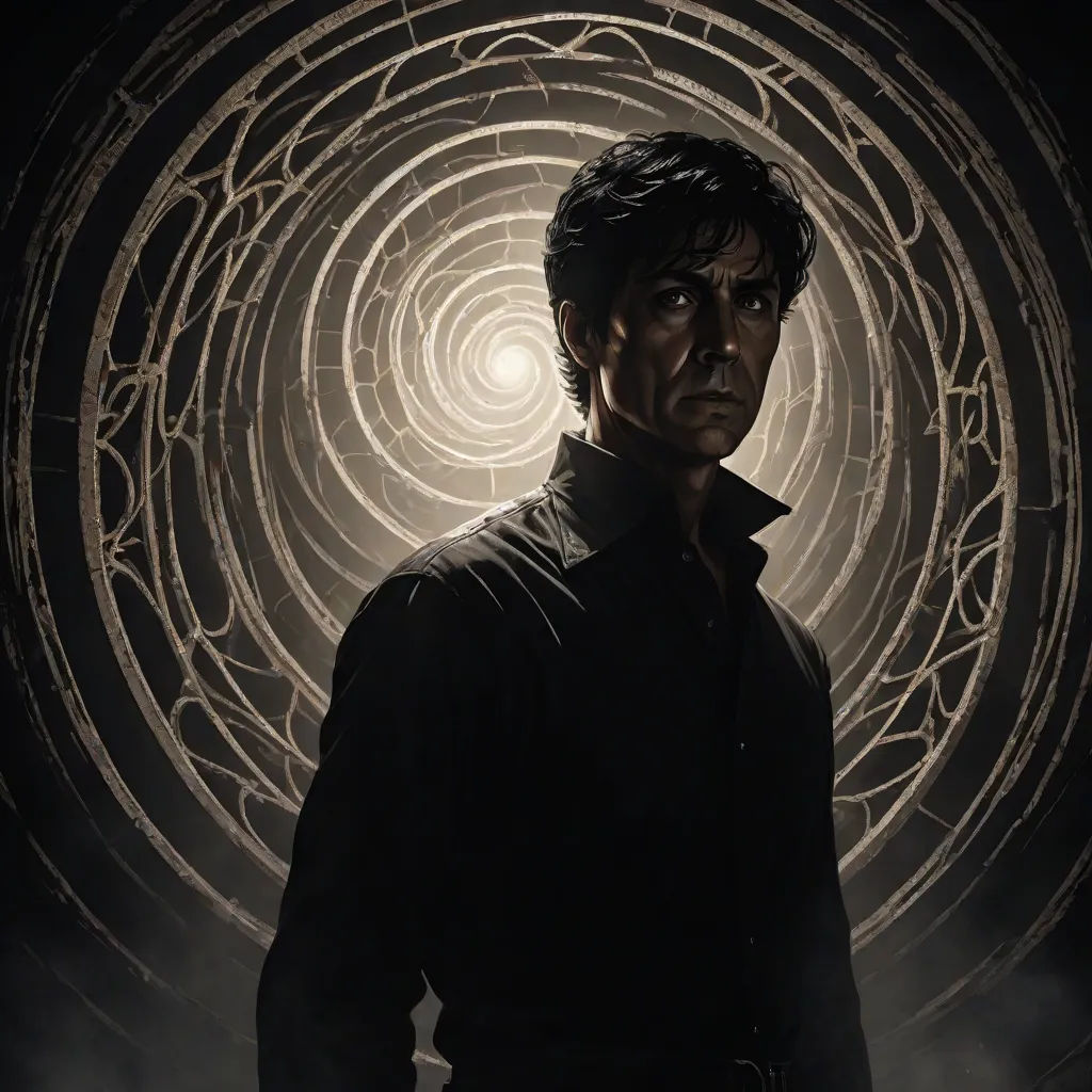 a man standing in front of a circular object in the dark with a light shining through it and a person standing in front of the picture, gothic art, a character portrait, Ben Templesmith, art greg rutkowski