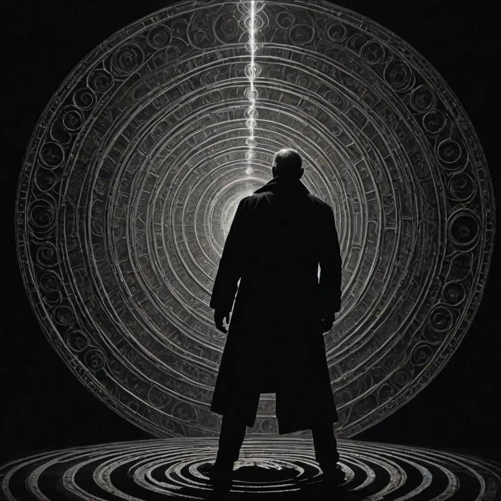 a man standing in front of a circular object in the dark with a lightening effect behind him and a black and white photo of him, neo-figurative, poster art, Daryush Shokof, promotional image
